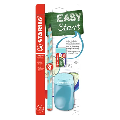 Školský set STABILO EASYgraph - ceruzka, guma, strúhadlo, v modrej farbe, pravák