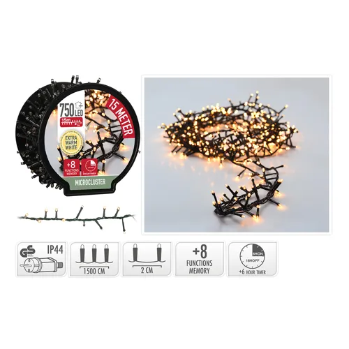 Svetelná reťaz 750 LED extra biela teplá, dĺžka 15 m, 230V (vonk. použitie)