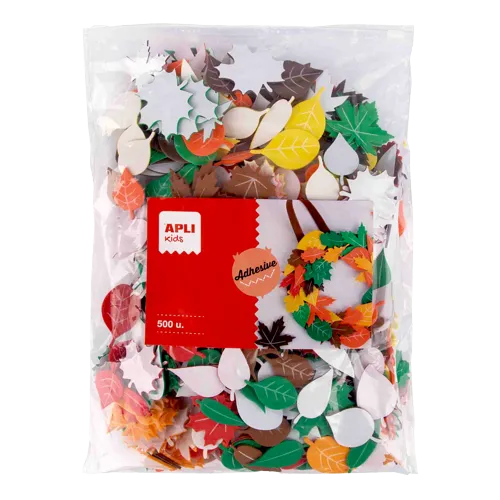 APLI penovka tvarová – listy, Jumbo pack, 500 ks, samolepiaca, mix tvarov a farieb