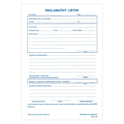 Reklamačný lístok A5, samopr. (135)