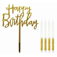 Sviečka tortová, trblietavá 9,5 cm (4 ks) + zlatá ozdoba „Happy Birthday“ Sviečka tortová, trblietavá 9,5 cm (4 ks) + zlatá ozdoba „Happy Birthday“