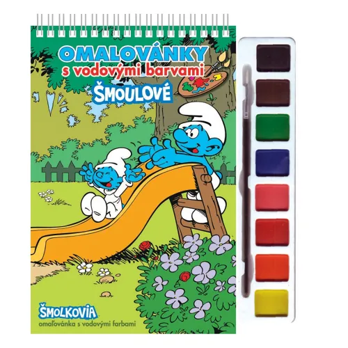 Omalovánky s vodovými farbami - blok A5 so špirálou + vodové farby "Šmolkovia 2"