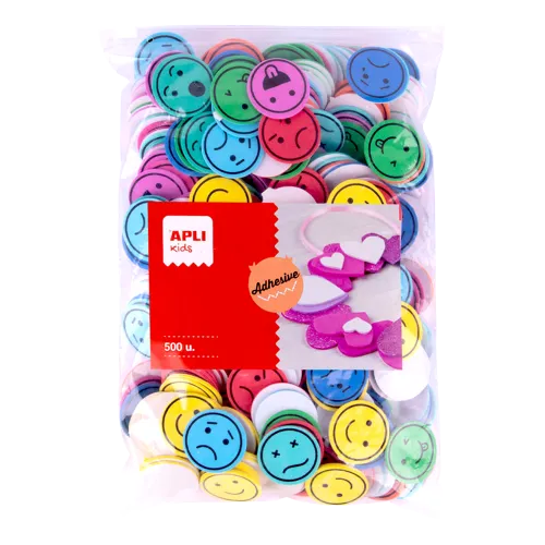 APLI penovka tvarová – smajlíky, Jumbo pack, 500 ks , samolepiace, mix farieb